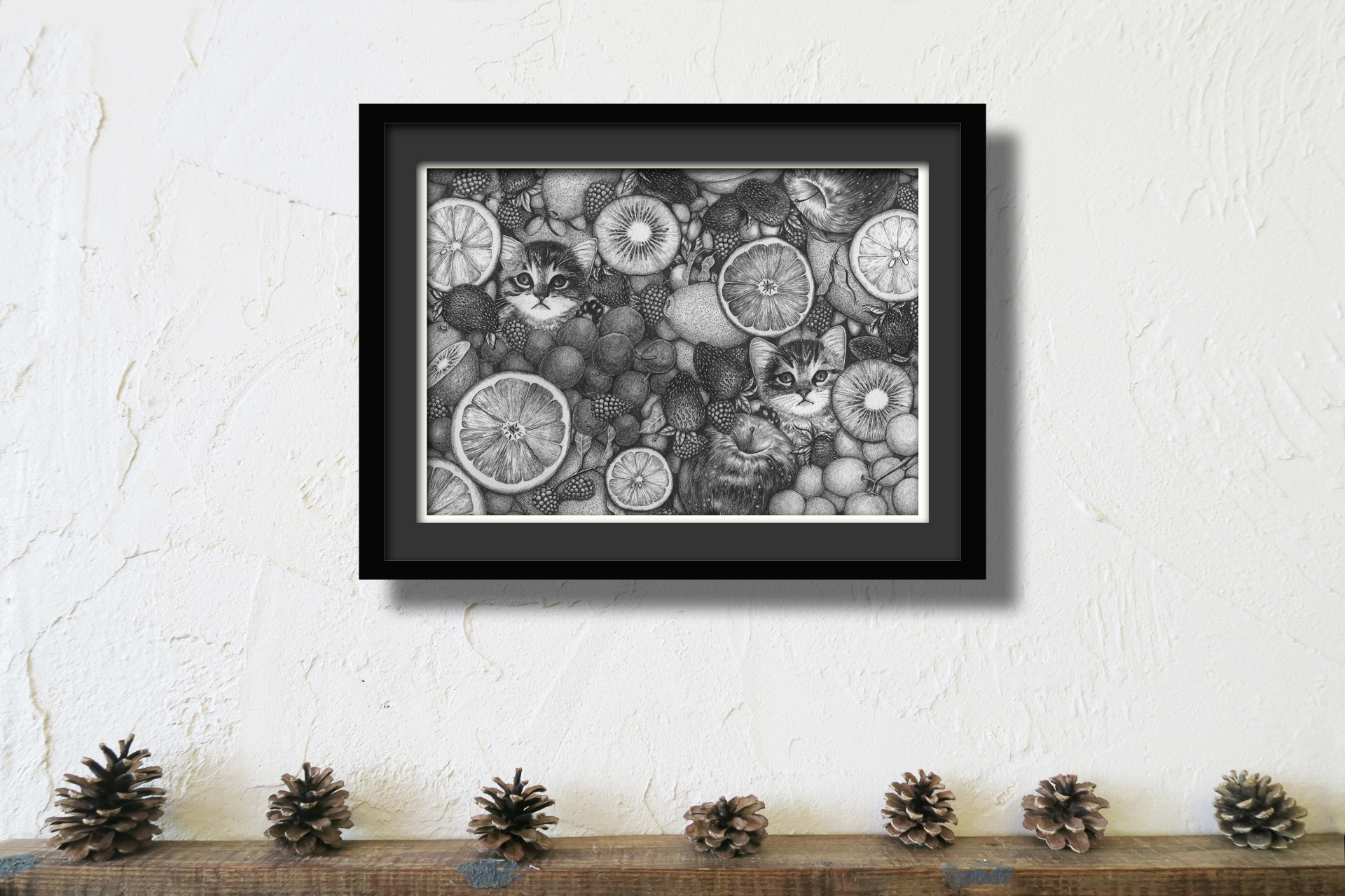 【子猫とフルーツのポスター】A4アートプリント モノクロペン画