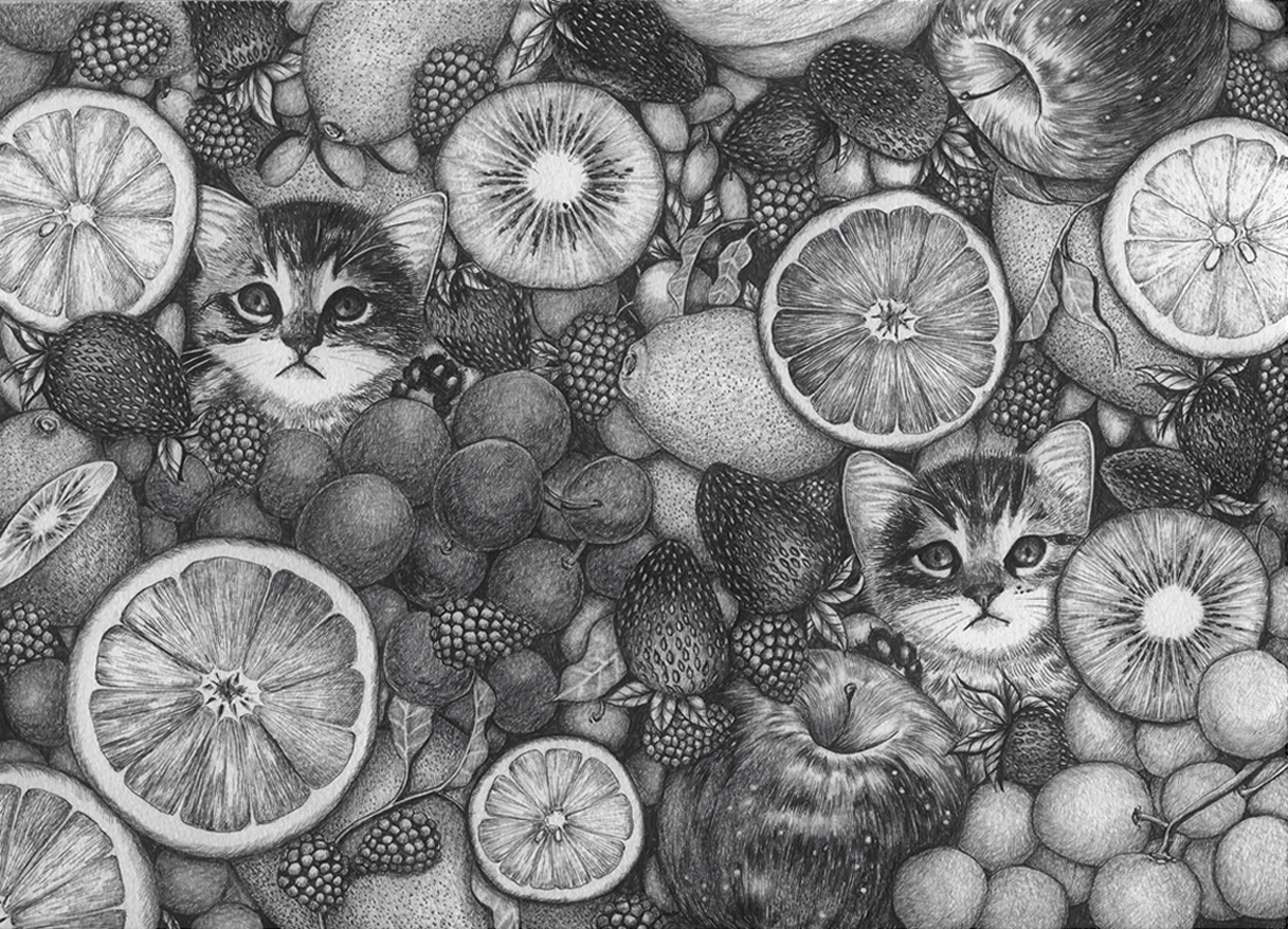 【子猫とフルーツのポスター】A4アートプリント モノクロペン画 - 画像 (2)